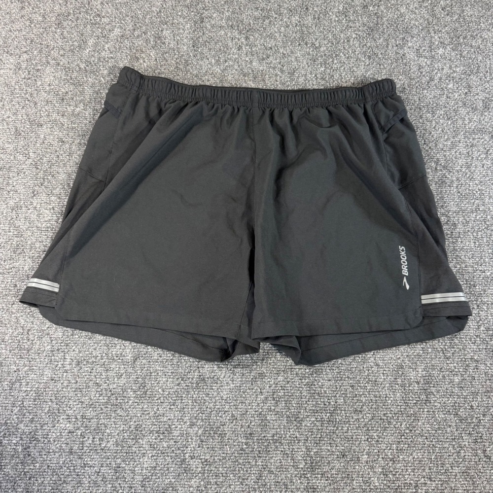 Brooks Sherpa Running Shorts Mens Large Black Reflective Zipper Pocket Athletic